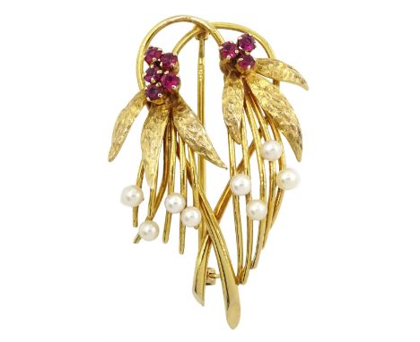 9ct gold ruby and pearl stylized flower brooch, hallmarkedCondition Report:Approx 5.65gm, length = 40mm, back pin also 9ct, g