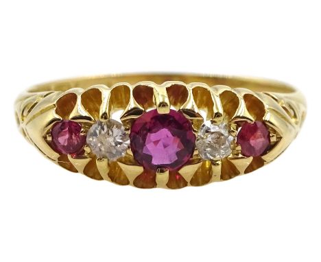 Early 20th century 18ct gold five stone ruby and diamond ring, hallmarkedCondition Report:Approx 3.5gm, size P, date letter r