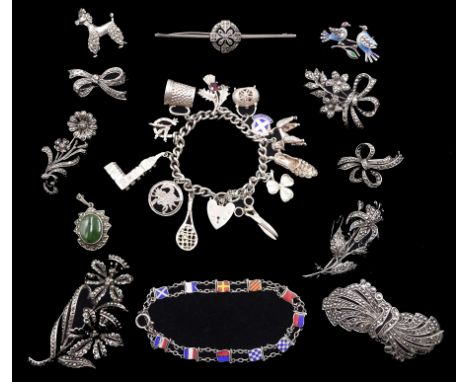 Silver jewellery including charm bracelet, enamel flag bracelet, enamel lovebird brooch, nine marcasite brooches and a marcas