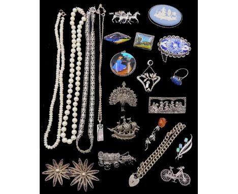 Collection of silver jewellery including butterfly wing brooch and pendant by Thomas L Mott, Art Nouveau pearl and paste pend