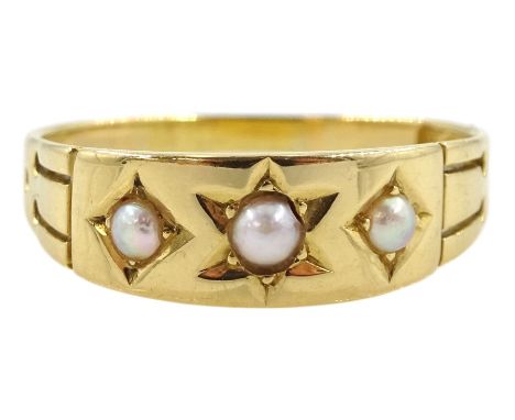 Victorian 18ct gold gypsy set three stone split pearl ring, London 1886Condition Report:Approx 3.1gm, size Q-R