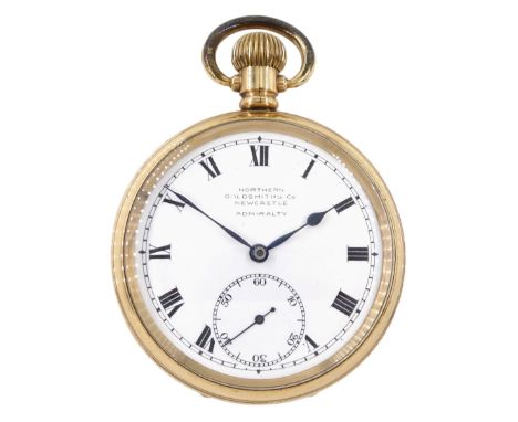 Early 20th century gold-plated keyless open face Swiss lever pocket watch by Northern Goldsmiths Co, Newcastle Admiralty, cas