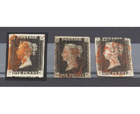1d Blacks (x3) Plate 5 - CC (vf) Pl 5 state 1, with 4 good margins heavy MX in red. HH (vf) 4 margins light MX in red. SL (fi