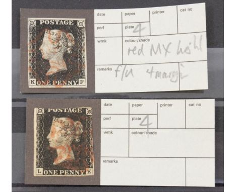 Plate 4 1d Black (x2) - (KF, LK) - KF four margin vf used light MX in red. Also LK with 2 clear margins with 2 two cut. MX in