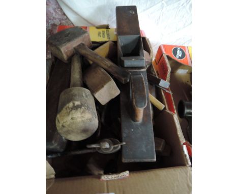 A box of vintage hand tools including block planes, moulding planes, chisels etc