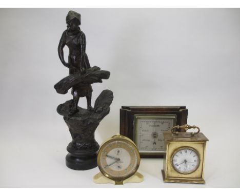 SPELTER FIGURE OF A LADY AT HARVEST TIME, 45cms tall, Smith vintage alarm clock, barometer and carriage clock