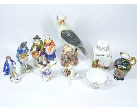 A MEISSEN STYLE PARROT, an Early Meissen style tea caddy, Dresden teacup, various figures with gold anchor marks and an Itali