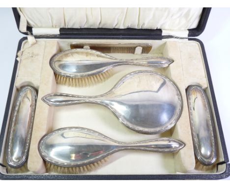 CASED SILVER HAND MIRROR, BRUSH &amp; COMB DRESSING TABLE SET, 6 PIECE, Birmingham 1925 and 1926, Maker Israel Sigmund Greenb