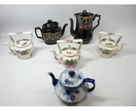 JACKFIELD TYPE TEA &amp; COFFEE POT, Wedgwood Flo Blue teapot and three Arthur Wood floral decorative teapots