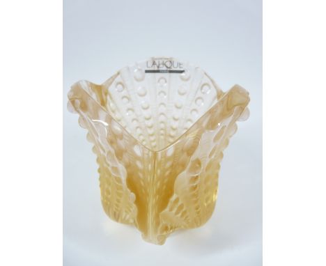 LALIQUE GLASS SAINT JACQUES SCALLOP SHELL AMBER VASE, 11.5cms H, engraved to the base 'Lalique France' with original 'Lalique