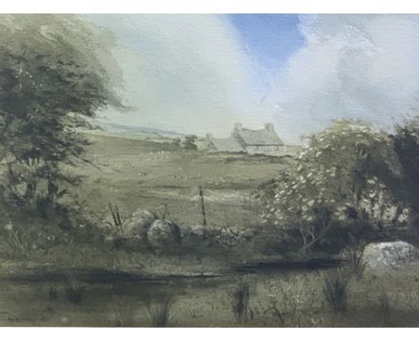 KEITH ANDREW 1984 watercolour - rural scene with central dwelling and net fencing on stone wall to the foreground, signed, 25