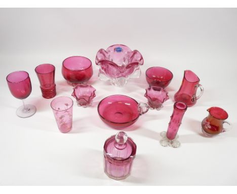 CRANBERRY &amp; RUBY GLASSWARE, A COLLECTION - 13 pieces to include footed bowls, stem vase, enamel and gilt decorated items 