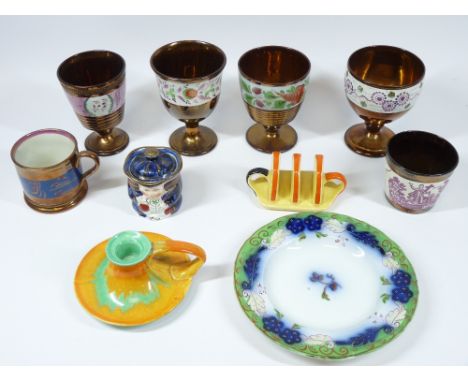 SHELLEY HARMONY CHAMBER STICK, Carltonware toast rack and a mixed selection of Victorian and other copper lustreware