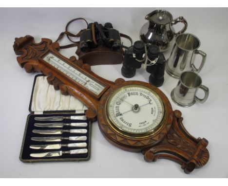VINTAGE CASED FIELD GLASSES, another pair by Dolland, pewter tankards, cased cutlery and a carved oak Banjo barometer ETC