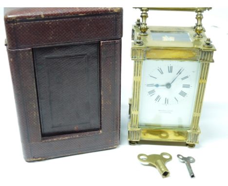 BRASS RUSSELLS LTD LIVERPOOL CARRIAGE CLOCK in original carry case, 15cms H handle up, no winding key but two non-associated 