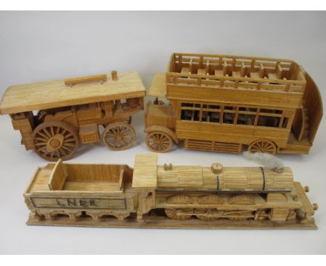 MATCHSTICK MODELS (3) - a locomotive and tender, traction engine and a vintage double decker bus