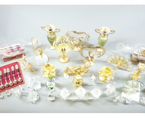 SWAROVSKI GLASSWARE, other fancy ornate cabinet items and a pair of ships in bottle, ETC