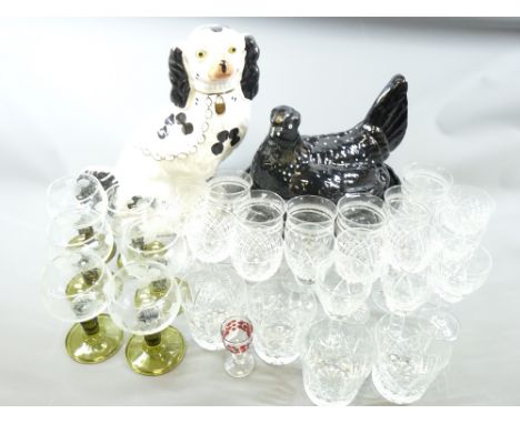 JACKFIELD 'HEN ON NEST', Black &amp; White Staffordshire Comforter Dog, and a good quantity of antique drinking glassware