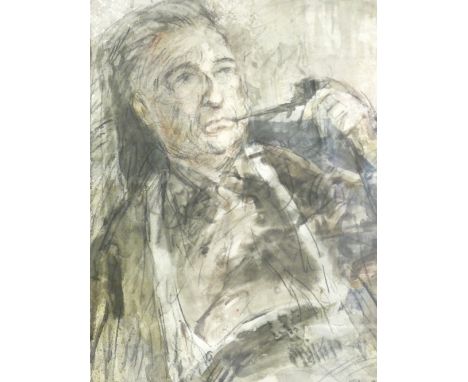 WILLIAM SELWYN watercolour - head and shoulders portrait of a pipe smoking Moss Williams, signed, 44 x 31cms