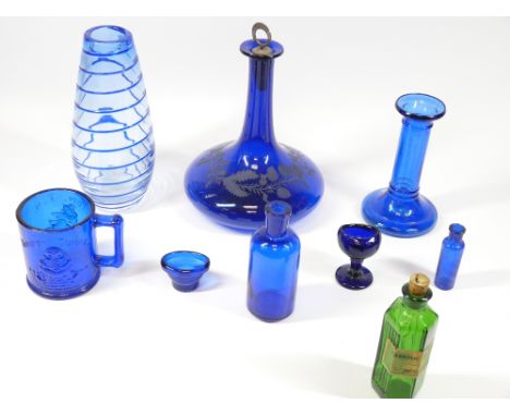 BRISTOL TYPE BLUE &amp; OTHER GLASSWARE, a collection, to include a wheel cut squat decanter and plated stopper marked 'Brand