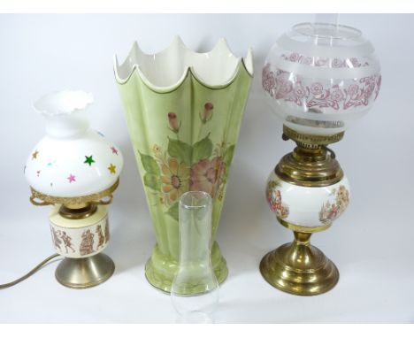 UMBRELLA SHAPED STICK STAND, 44cms tall and two fancy reproduction oil lamps