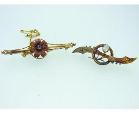 VICTORIAN FLORAL DESIGN BAR BROOCHES IN 15CT GOLD (2) - one having garnet type and Opal flower head, 5.3grms gross