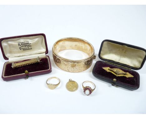 9CT GOLD &amp; OTHER LADY'S JEWELLERY, 6 ITEMS to include an Opal and Ruby set ring size L, signet ring size N and a St Chris