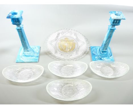 SLAG GLASS CANDLESTICKS - a pair, 26cms tall, 1902 Coronation glass plate, 5cms diameter and Ravenhead crystal boxed glasswar