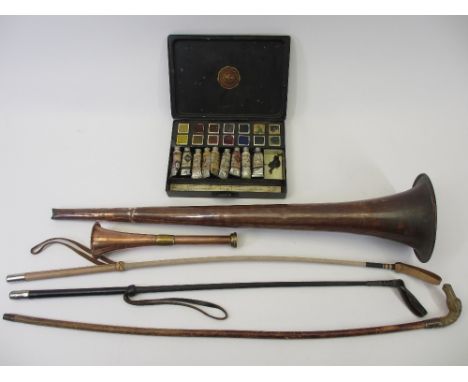 SWAGGER STICK/CROP with carved horn horse head top, two copper hunting horns and a vintage Windsor and Newton Scholastic Wate