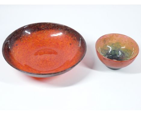 MONART GLASSWARE SHALLOW BOWL and one other, possibly the same maker, the larger in mottled oranges and reds containing gold 