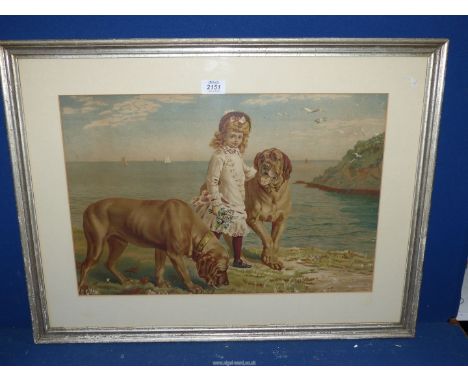 A framed and mounted Coloured Lithograph of a young girl with two large dogs on a coastal path, some damage. 28" x 21 1/4".