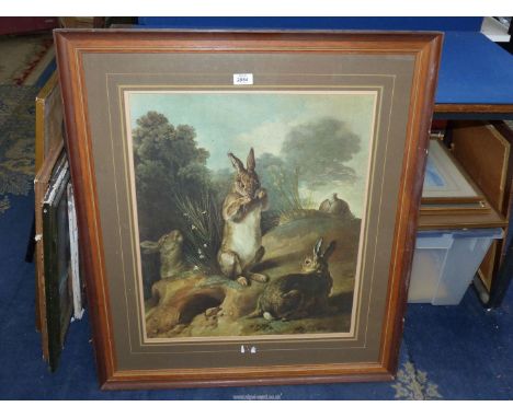 A large framed and mounted Print titled 'Rabbits' by Francios Desportes. 29 3/4" x 34 1/4".