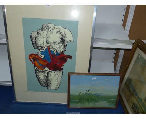 A framed abstract Print of Torso by R. Mason 1975, 105 cm x 80 cm and a framed print 'Evening Flight by Vernon Ward.