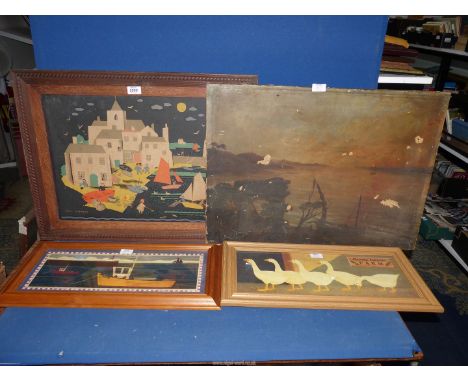 A wooden framed Print of a Harbour scene by Peggy Wickman, a Print of Geese titled 'Goose Green Farm', etc.