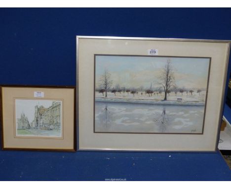 A framed and mounted G. Bailey Charcoal drawing depicting Jesus Green Cambridge in winter (22 3/4" x 18"), together with a Li