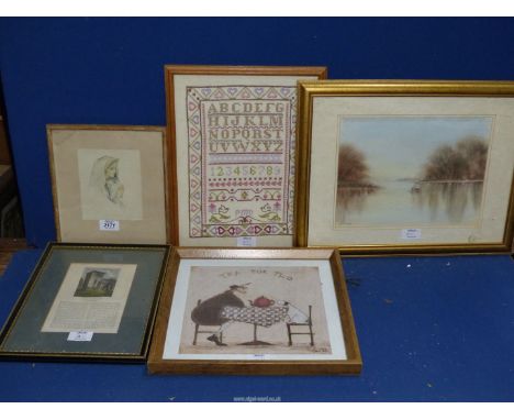 A framed and mounted Print of mother and child, an Engraving of Ewias Harold, Herefordshire, a framed cross-stitch, a Sam Tof