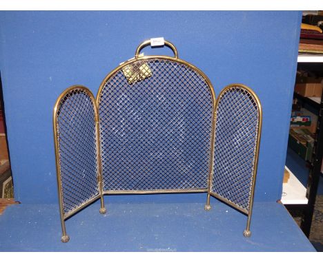 A 19th century three section brass Fireguard with wire grill, standing on ball feet, 24" tall.