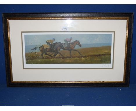 A framed and mounted Malcolm Coward Limited Edition Print, no: 549/850, titled 'On The Gallops'. 25 3/4" x 15 1/4".