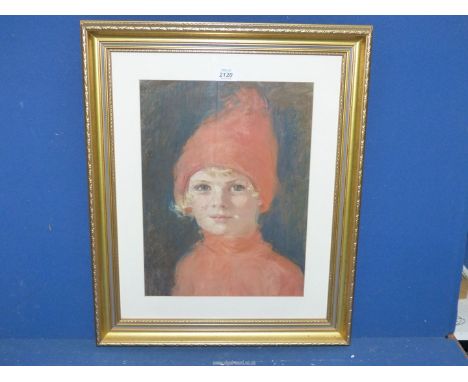 A framed and mounted Portrait of a child wearing red, no visible signature. 19 1/2" x 23 1/2".