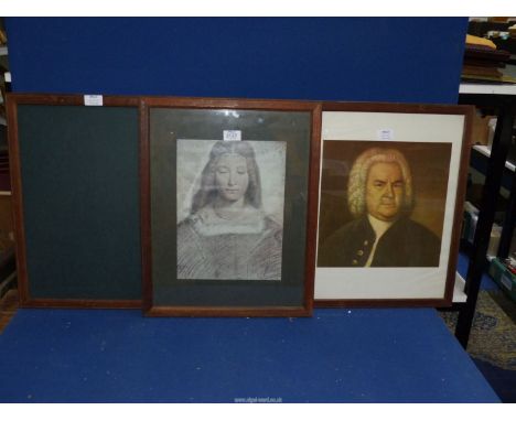 A wooden framed Portrait Print of Johann Sebastian Bach, a framed Print of Isabella of Aragon, an empty wooden frame and a Pr