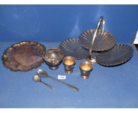 A silver plated three tier Cake stand together with silver plated tray, serving spoon and fork. 