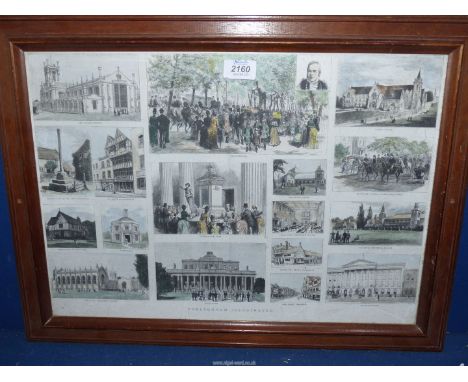 A wooden framed print depicting Cheltenham illustrated.