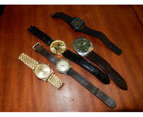 Five watches including an Ingersol gents watch with Arabic numerals (not running), a modern quartz movement watch (ran briefl