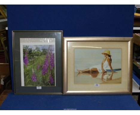 A framed and mounted Print of a young lady sat on the beach and a framed and mounted Country Landscape with wild flowers.
