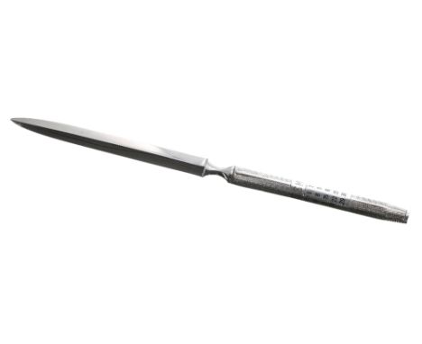 Elizabeth II silver handled engine turned calendar letter opener, with adjustable day and date markers, maker S.J. Rose &amp;