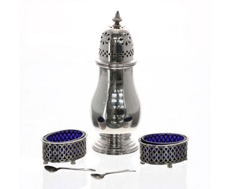 Mappin &amp; Webb silver baluster sugar sifter, Sheffield 1969, 6" high; together with a pair of Charles Horner pierced silve