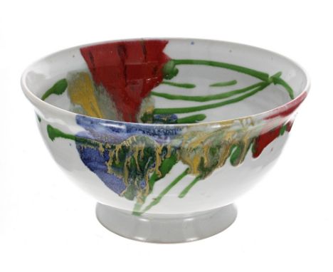 Janice Tchalenko (b. 1942) - studio pottery bowl, decorated in polychrome red, yellow and blue flowers, further painted marks