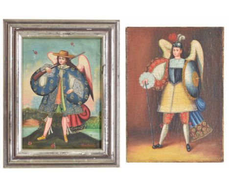 Cuzco School - Portrait of an Archangel bearing a rifle, signed W Flores Ramos, 15" x 11"; together with an accompanying Arch