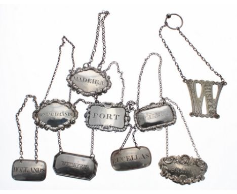 Collection of seven silver decanter labels; including five Georgian examples one of which Irish, two later hallmarked Birming
