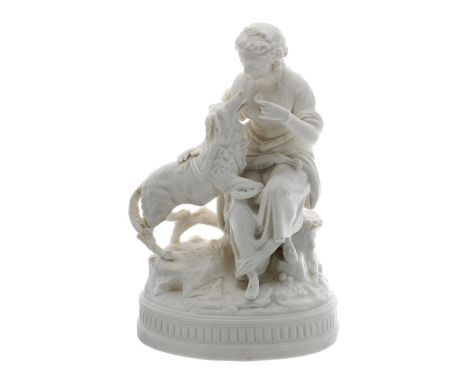 19th century Parian Ware figure of a seated lady with her dog, upon a naturalistic tree trunk base raised on an oval plateau,